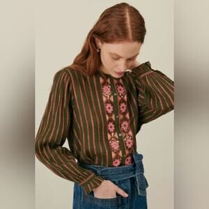 Louise Misha Jeannia Metallic Blouse in Khaki Green Size 36 (4)